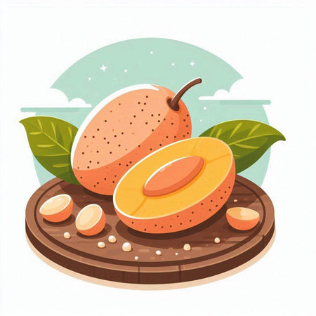 Vector illustration of fresh ripe apricot on a wooden board.のイラスト素材