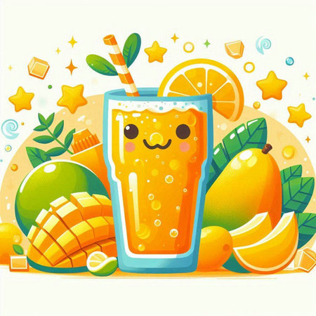 Fruit juice in a glass with a straw and a lot of fruits. Vector illustration.のイラスト素材