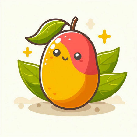 Cute cartoon mango fruit character with green leaves. Vector illustration.のイラスト素材