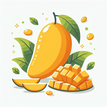 Mango fruit vector illustration. Mango fruit with leaves and cubes.のイラスト素材