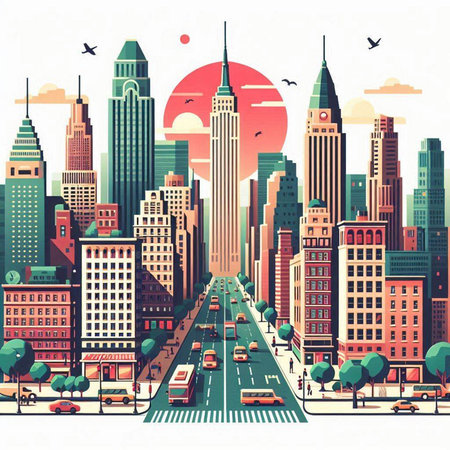 Cityscape with buildings and roads. Vector illustration in flat style.のイラスト素材