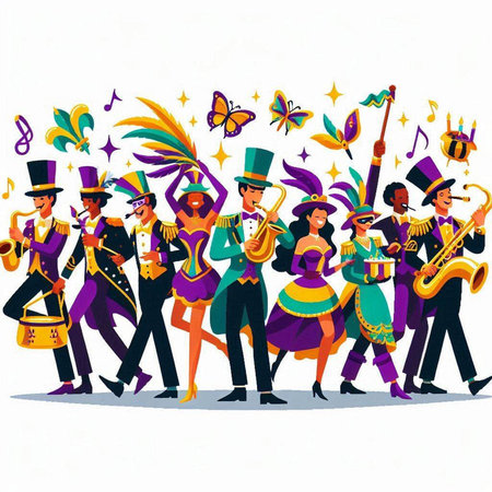 Mardi Gras carnival party. Group of people in carnival costumes with musical instruments. Vector illustration.のイラスト素材