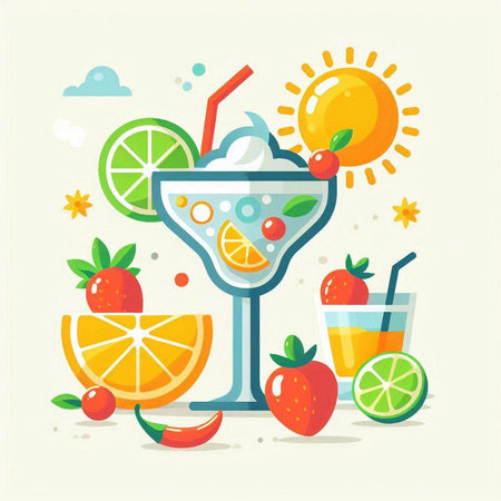 Cocktail with ice cream, fruits and sun. Vector illustration.のイラスト素材
