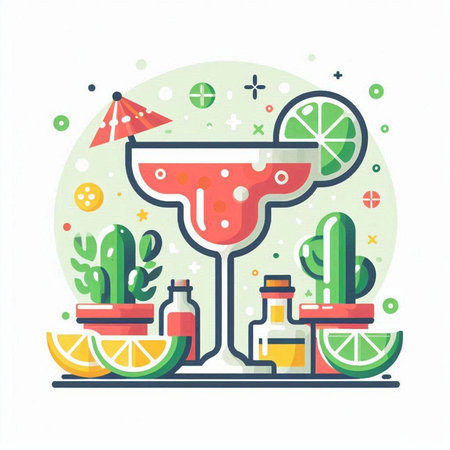 Cocktail with lime and cactus. Colorful flat vector illustration.のイラスト素材