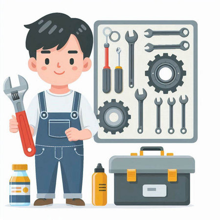 A man in overalls holds a wrench and a set of tools. Vector illustration.のイラスト素材