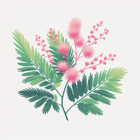 Vector illustration of Mimosa flowers and leaves. Suitable for greeting card, poster and banner.のイラスト素材