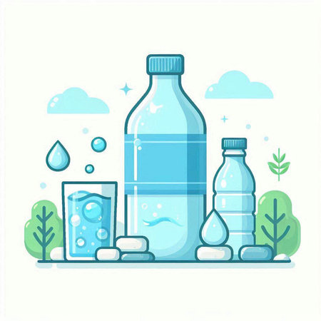 Plastic bottle of water and glass with water. Vector illustration.のイラスト素材