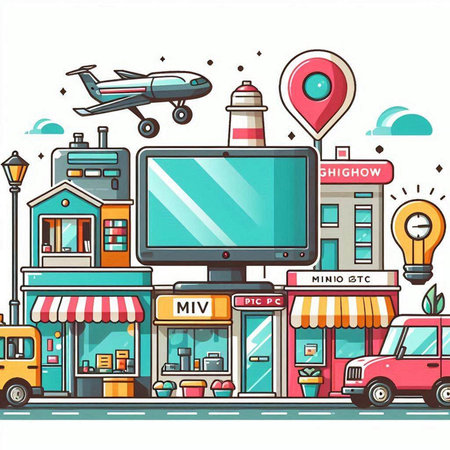 Flat design vector illustration concept of shopping mall, online store, fast food delivery.のイラスト素材