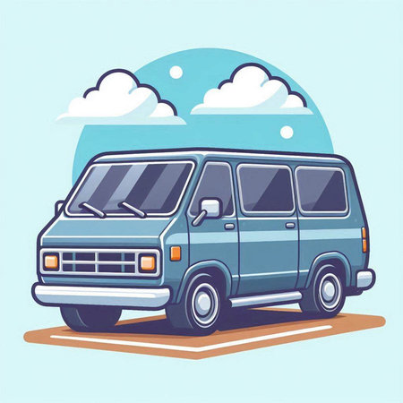 Vector illustration of a retro van on a background of blue sky.のイラスト素材