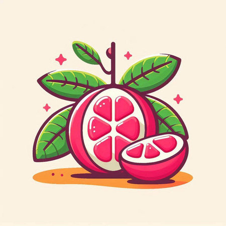 Cute cartoon pomegranate fruit with leaves. Vector illustrationのイラスト素材