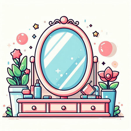 Cute vector illustration of a dressing table with a mirror and flowers.のイラスト素材
