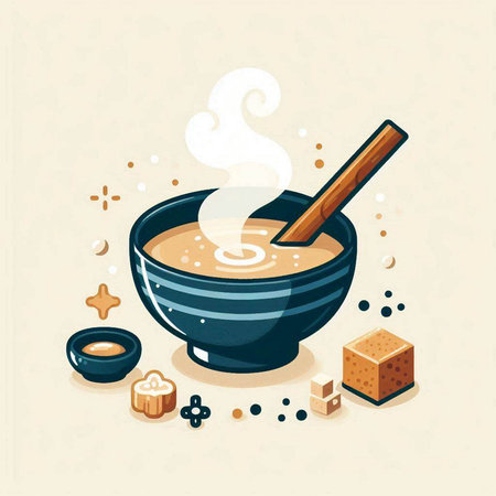 Illustration of Japanese miso soup in bowl with wooden spoon and brown sugar cubesのイラスト素材