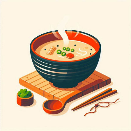 Japanese soup in a bowl with chopsticks and soy sauce. Vector illustration.のイラスト素材