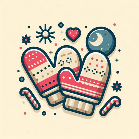 Cute Christmas greeting card with mittens and sweets. Vector illustration.のイラスト素材