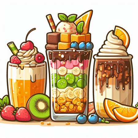 Fruit smoothies and milkshakes in glasses. Vector illustration.のイラスト素材