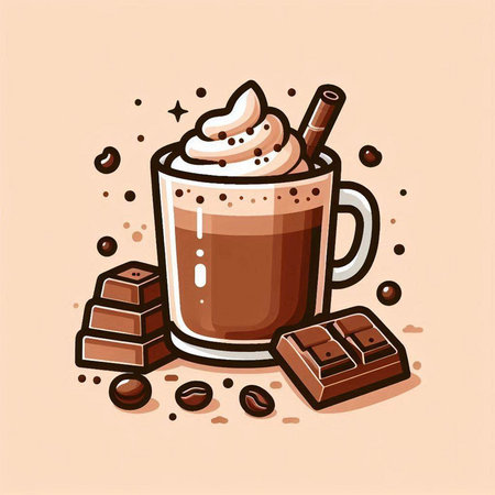 Coffee cup with whipped cream and chocolate bars. Vector illustration.のイラスト素材