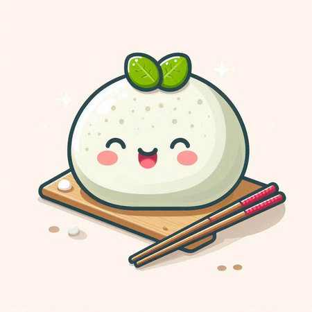 Kawaii rice ball on wooden board with chopsticks. Vector illustration.のイラスト素材