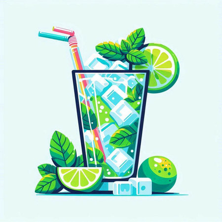 Cocktail with lime, mint and ice. Vector illustration.のイラスト素材