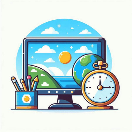 Vector illustration of a flat design of a computer with a globe, a clock, a pencil case, an alarm clock and a notebookのイラスト素材