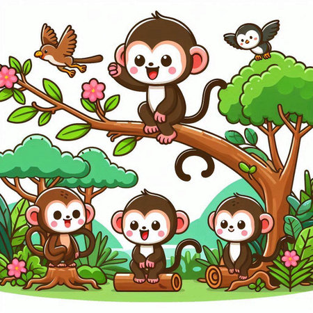 Cute monkeys and birds on a branch in the jungle. Vector illustration.のイラスト素材