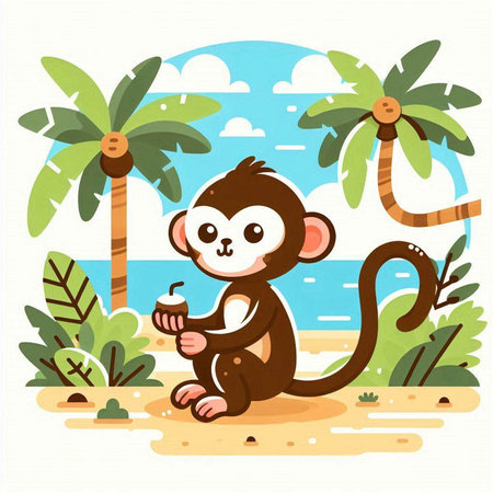 Cute monkey on the beach. Vector illustration in flat style.のイラスト素材