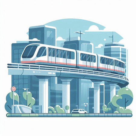 Modern high-speed train on the background of the city. Vector illustrationのイラスト素材