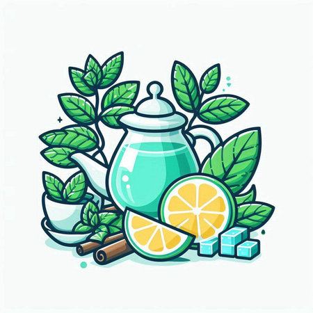 Cup of tea with lemon and mint leaves. Vector illustration.のイラスト素材