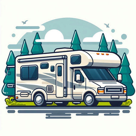Caravan in the forest. Vector illustration of a motor home.のイラスト素材