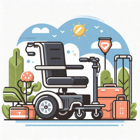 Wheelchair on the background of the landscape. Flat design vector illustration.のイラスト素材