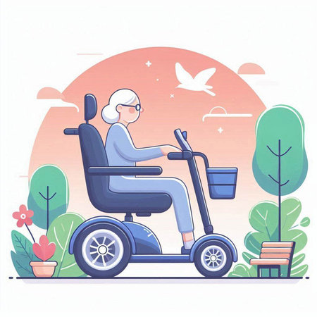 Elderly woman on wheelchair in the park. Vector illustration.のイラスト素材