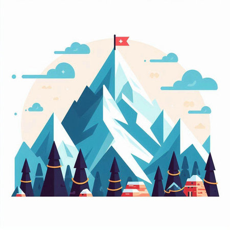 Mountains with a flag on top. Vector illustration in flat styleのイラスト素材
