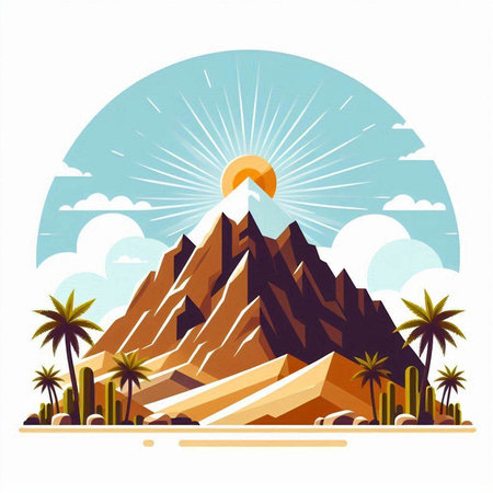 Egyptian pyramids and palm trees. Vector illustration in cartoon styleのイラスト素材