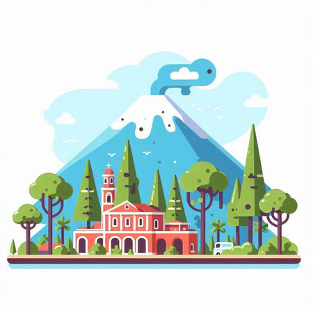 Vector illustration of mountain landscape with church, church and forest in flat style.のイラスト素材