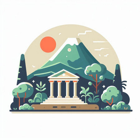 Flat style vector illustration of ancient Greek temple in the middle of the forest.のイラスト素材