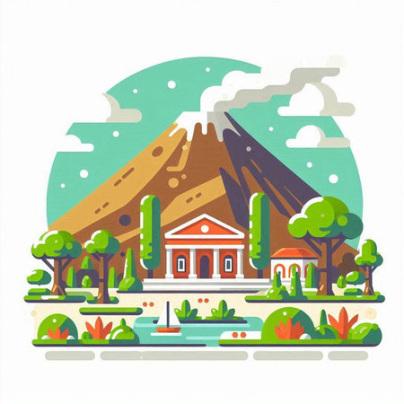 Landscape with mountains, trees, lake and house. Vector illustrationのイラスト素材