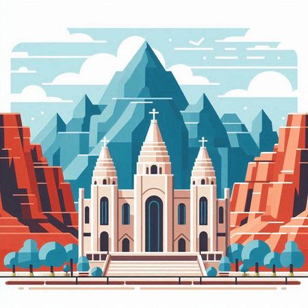 Catholic church in the mountains. Illustration in flat style. Vectorのイラスト素材