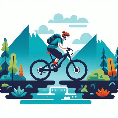 Mountain biker riding on the road in the forest. Vector illustration.のイラスト素材