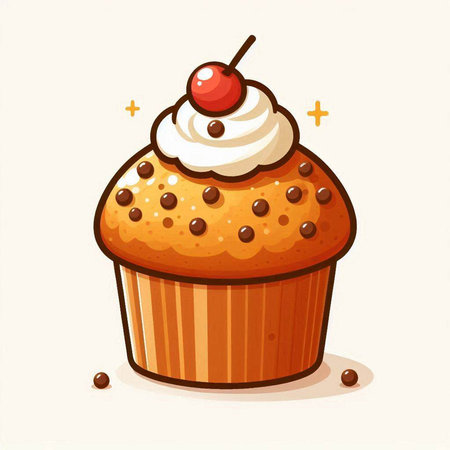 Cupcake with whipped cream and cherry on top. Vector illustration.のイラスト素材
