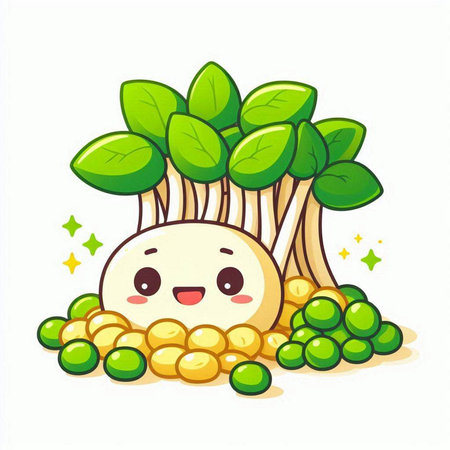 Illustration of Cute Mushroom with Green Vegetables on White Backgroundのイラスト素材