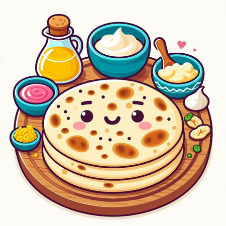 Illustration of a Stack of Pancakes with Fruits and Vegetablesのイラスト素材