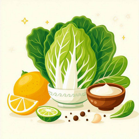 Lettuce, lemon and sour cream in bowl. Vector illustration.のイラスト素材