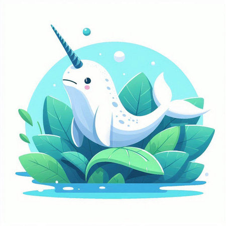 Cute cartoon narwhal with green leaves. Vector illustration.のイラスト素材