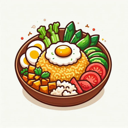 Bowl of rice with fried egg and vegetables. Vector illustration.のイラスト素材