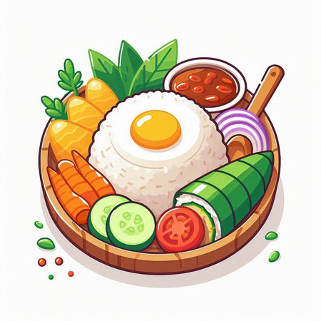 Illustration of a bowl of rice with fried egg and vegetables.のイラスト素材
