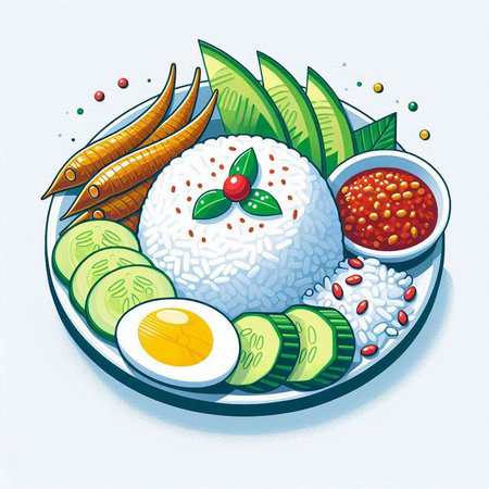 Illustration of japanese food - rice with vegetables and fishのイラスト素材