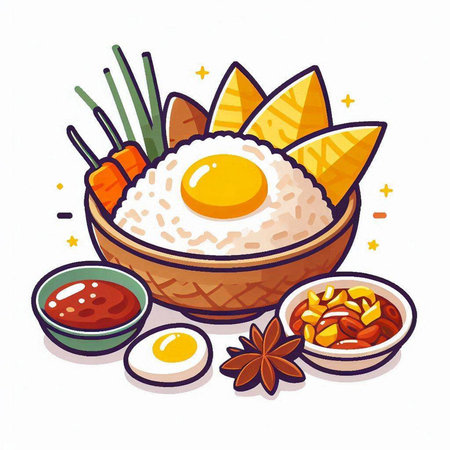 Illustration of a bowl of rice with fried egg and vegetables.のイラスト素材