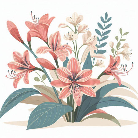 Flower background with lily flowers and leaves. Vector illustration.のイラスト素材