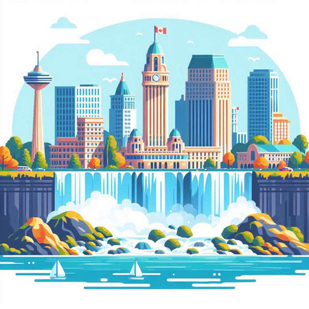 Skyscrapers and waterfalls in the city. Vector illustration.のイラスト素材