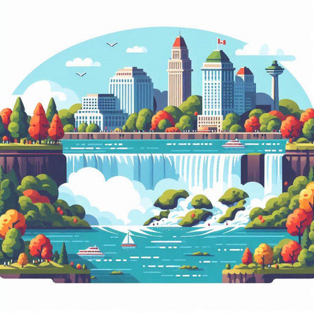 Waterfall and city landscape. Vector illustration in flat cartoon style.のイラスト素材