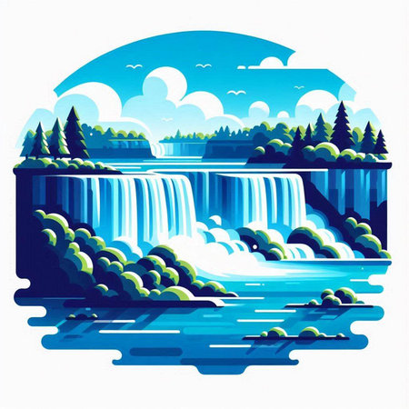 Waterfall in the forest. Waterfall on the river. Vector illustration.のイラスト素材